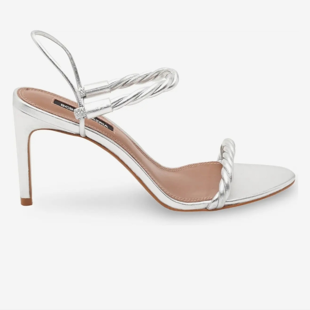 BCBG MAXAZRIA Silver Leather Braided Dress Sandal